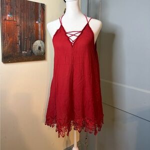 Free People Wicked Spell sleeveless Red Lace-Trim Mini Dress